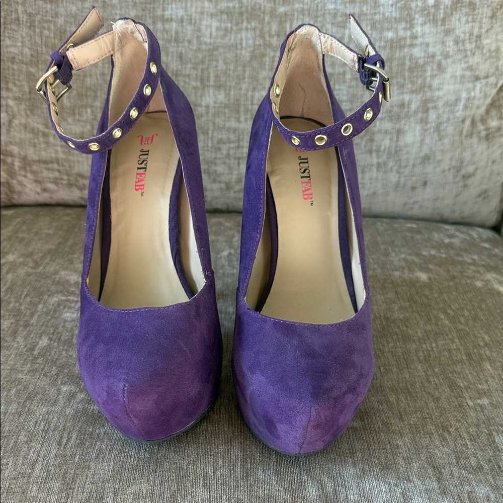 JustFab Vibrant Purple Ankle Strap Heels with hidden platform.